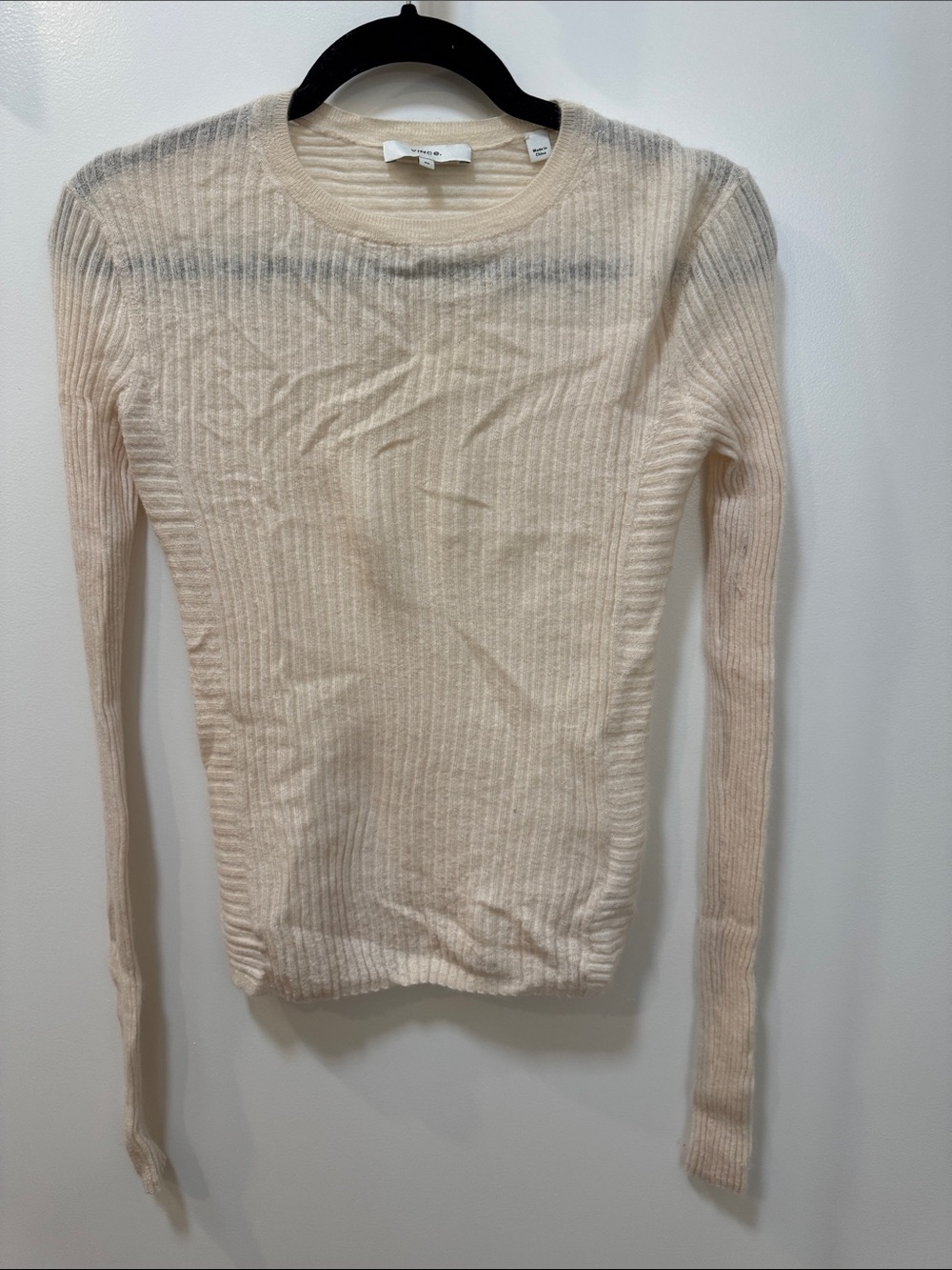 Vince Cream Ribbed Long-Sleeve Crewneck Top